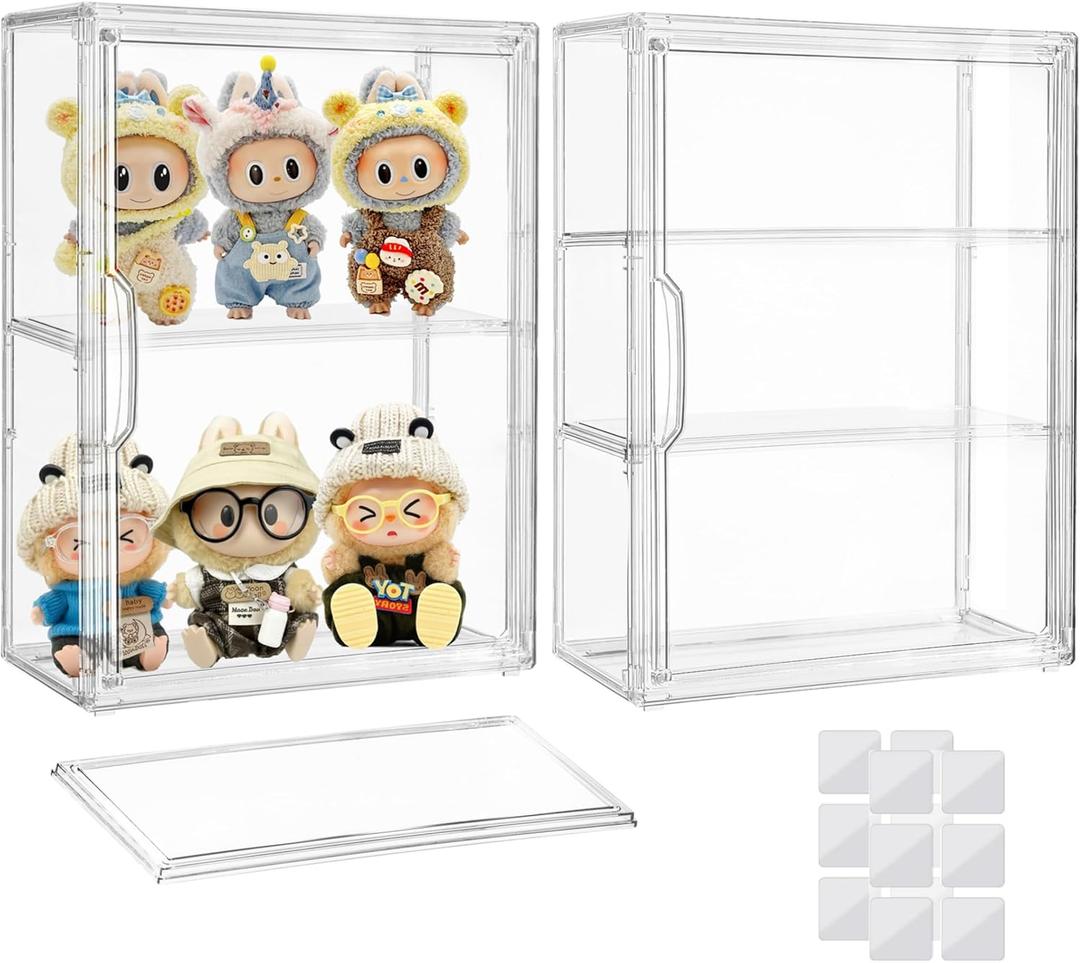 Attelite Acrylic Display Cases for Collectibles, 2 Pack 3 Layer Clear Display Case with Magnetic Door,Desktop Clear Showcase with 2 Adjustable Divider Storage Box for Action Figure