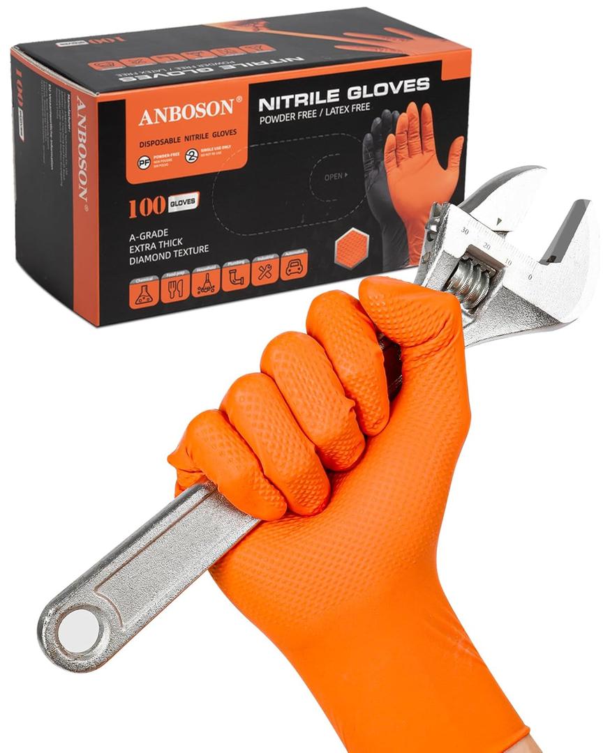 10mil Nitrile-Gloves Disposable-Orange Chemical-Resistant Rubber - Mechanic Gloves Heavy Duty Latex Free Diamond Grip (100, Large)