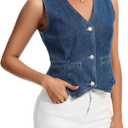 Womens Denim Vest Sleeveless V Neck Button Down Jean Jacket Y2K Summer Crop Tops (Medium, Blue)
