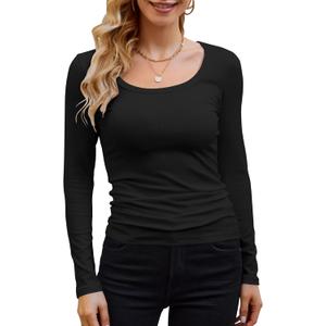 GEMBERA Womens Long Sleeve Scoop Neck Ribbed Knit Tops Casual Slim Fitted Basic Shirts (Medium, Black)