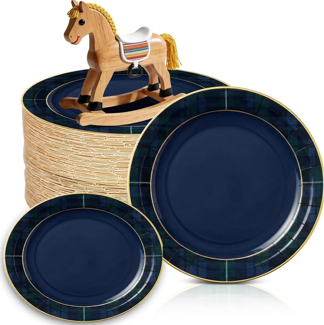 100 Pcs Green Blue Tartan Plaid Paper Plates We Can Bearly Wait Party Plates Disposable Tableware Decoration for Guests Baby Shower Wedding Birthday Party Supplies (Blue,9" X 9")