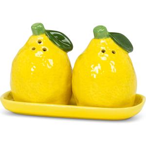 Abbott Collection Lemon Salt & Pepper Shaker Set on Tray - Ceramic, Yellow/Green (5.5 inches L)