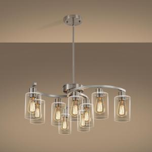 9-Light Brushed Nickel Glass Chandelier, Adjustable Height Hanging Industrial Dining Room Chandelier Over Table, Modern Farmhouse Chandelier for Kitchen Island Living Room Entryway Bedroom