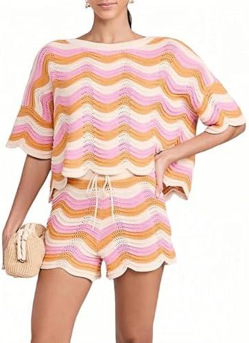NIFTRIRY 2 Piece Sets for Women Short Sleeve Striepd Crochet Cover Up Tied Shorts Beach Clothes Pink, Size S