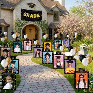 13 Pcs 2026 Graduation Decorations K-12 Graduate Photo Yard Signs with Stakes Black Golden Balloons for Senior High School Class of 2026 Photo Lawn Sign Grad Party Supplies(Star Border)