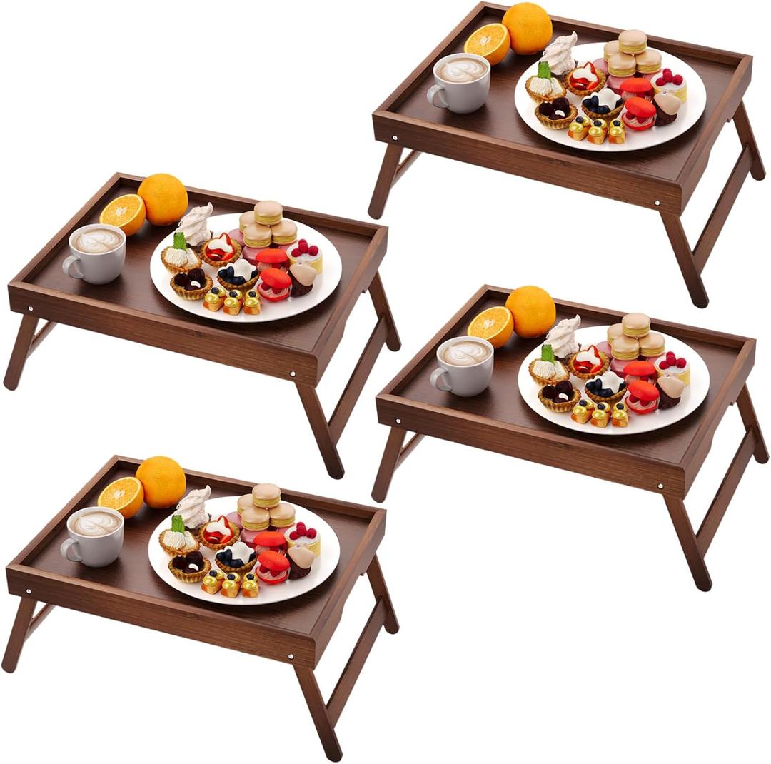 4 Pack Bamboo Bed Tray Table with Folding Legs,Breakfast Trays,Serving Tray for Food and Snack,Laptop Trays for Working(Brown)