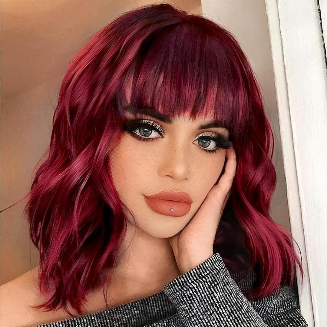 SOKU Short Wavy Burgundy Wigs for Women 14 Inches Synthetic Red Burgundy Curly Bob Wig with bangs Glueless Shoulder Length Ready to Wear Synthetic Hair