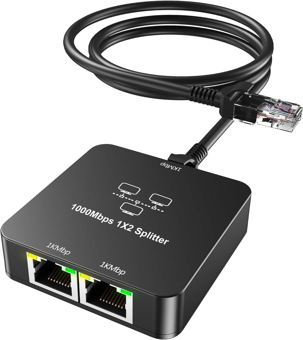 Ethernet Splitter 1 to 2 Out with Cat 6 Ethernet Cable, 1000Mbps High Speed, RJ45 Splitter, Gigabit Internet Splitter Connector for Cat 5/5e/6/7/8 Cable