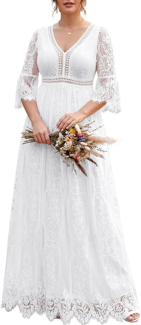 Plus Size Wedding Dress Boho - Maxi Bridal Shower Bohemian Formal Lace Long Dresses (White), 18 Plus