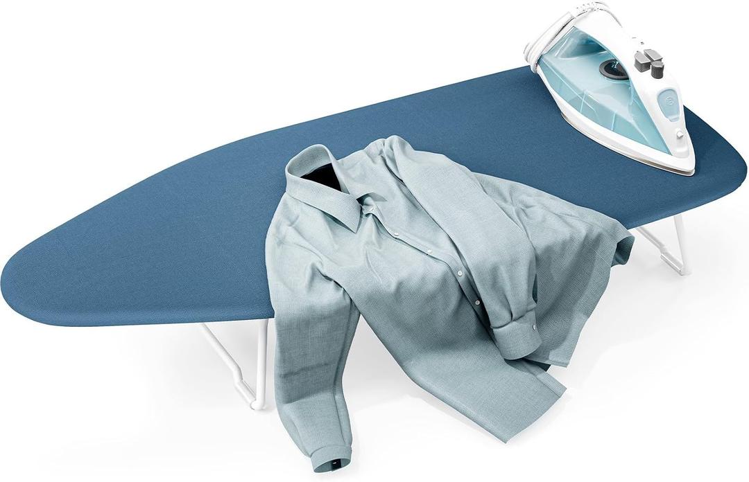 12" x 30" Small Ironing Board Top with Heat Resistant Cover, Compact Mini Ironing Board with Metal Mesh Frame for Dorm, Apartment or Travel with Hanging Hooks, Iron Board, Iron Table Stand, Pure Blue