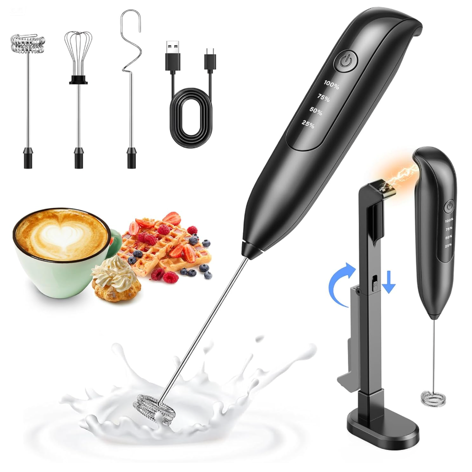 Dynooper Electric Milk Frother Handheld: coffee frother rechargeable 3 in 1 - LED Display, Wireless Charging - 3 Speeds, Stainless Steel Whisk for Latte, Cappuccino 