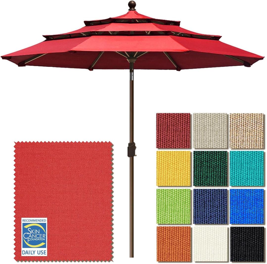 EliteShade USA 10-Year-Non-Fading 9ft 3-Tier Market Patio Umbrella, Commercial Grade Outdoor Table Umbrella with Crank Open, Windproof & UPF 50+ UV Protection, Heavy Duty Ventilation for Garden, Deck, Pool, Backyard, Beach & Bistro, Logo Red