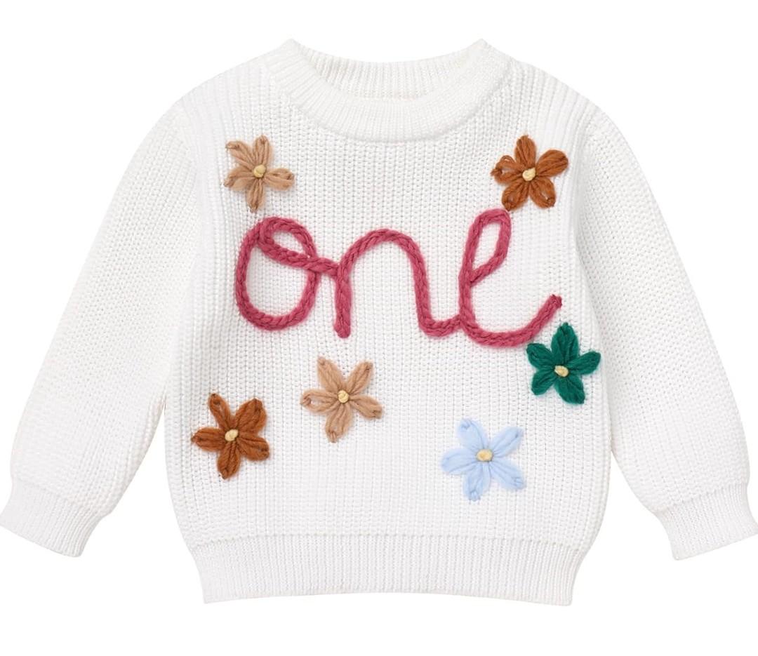 IDOPIP Toddler Baby Girls First Birthday Outfit Boho Embroidery One Sweater Top Knit Pullover Sweatshirt Fall Winter Clothes