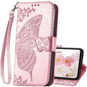 for Samsung Galaxy A16 5G Phone Case Wallet,Women Flip Cover with Credit Card Holders Butterfly Embossed PU Leather Stand Wrist Strap Purse Protective Case (Rose Gold)