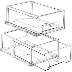2 Pack Stackable Storage Drawers - Clear Refrigerator Drawers for Refrigerator Organizers and Storage, Acrylic Fridge Drawer Organizer with Handles for Bathroom, Undersink, Cabinet, Pantry, etc