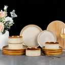 LeRatio Ceramic Dinnerware Sets for 4,Round Reactive Glaze Ceramic Plates and Bowls Set,Highly Chip and Crack Resistant | Dishwasher & Microwave Safe Dishes Set,Service for 4 (12pc)Kahki