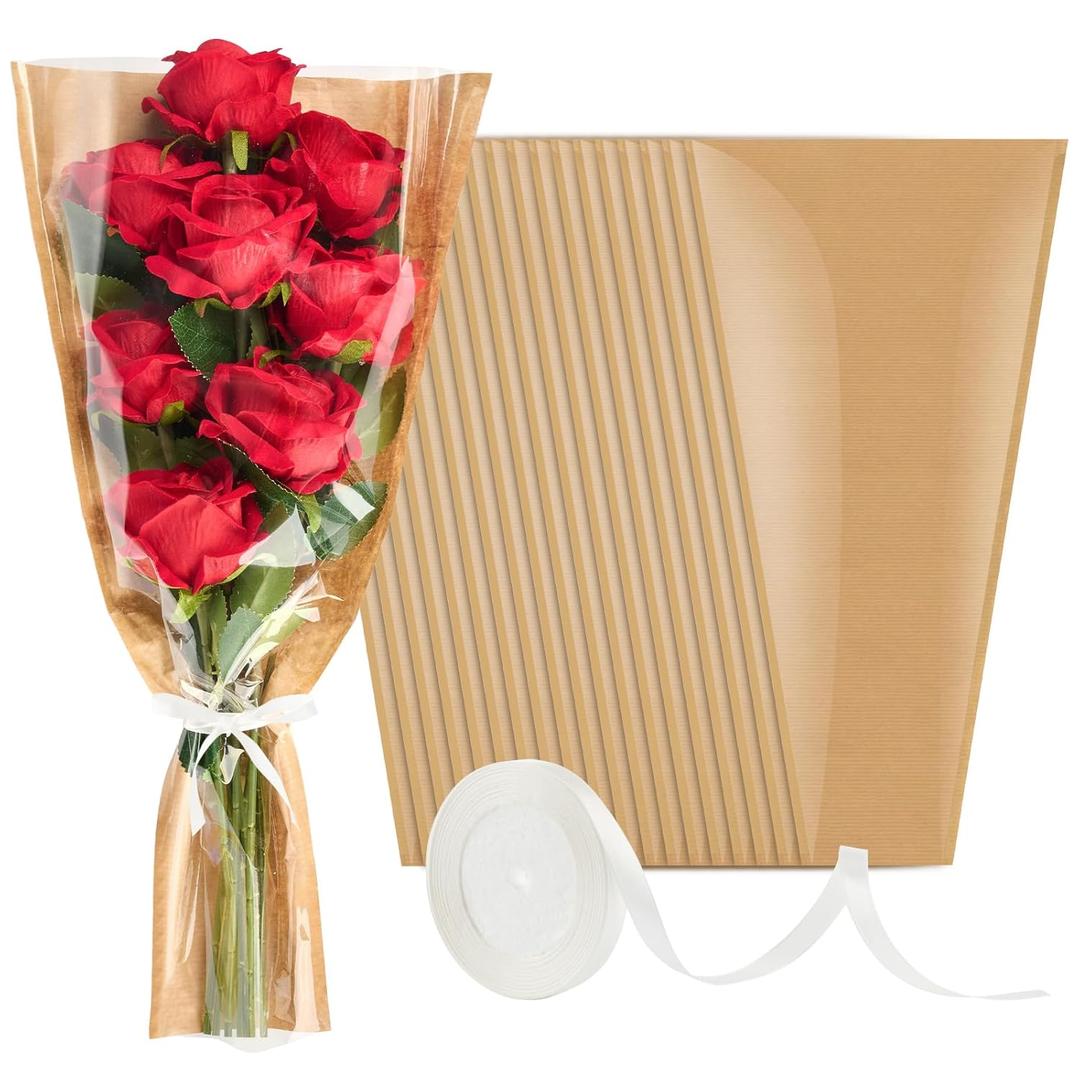 Mauproy 50 Pack Flower Bags for Bouquets, Flower Wrapping Paper Kraft Floral Wrap Sleeves with Ribbons for Mother's Day Florist Supplies Wedding (17.7 x 9.5 Inches)