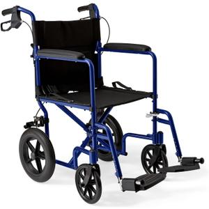 Medline Lightweight Foldable Transport Wheelchair with Handbrakes and 12-Inch Wheels, Blue Frame, Black Upholstery