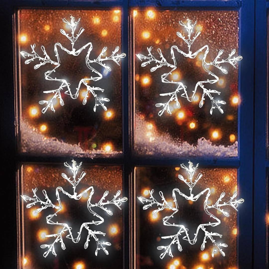 4 Pack Christmas Window Snowflake Lights, LED Hanging Decorations Iron Frame Lights, 8 Lighting Modes for Xmas Holiday Indoor Outdoor Wall Party Decor