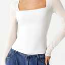 QINSEN Women's Square Neck Long Sleeve Mesh Top Sheer Sleek Fitted Blouse for Casual Night Out
