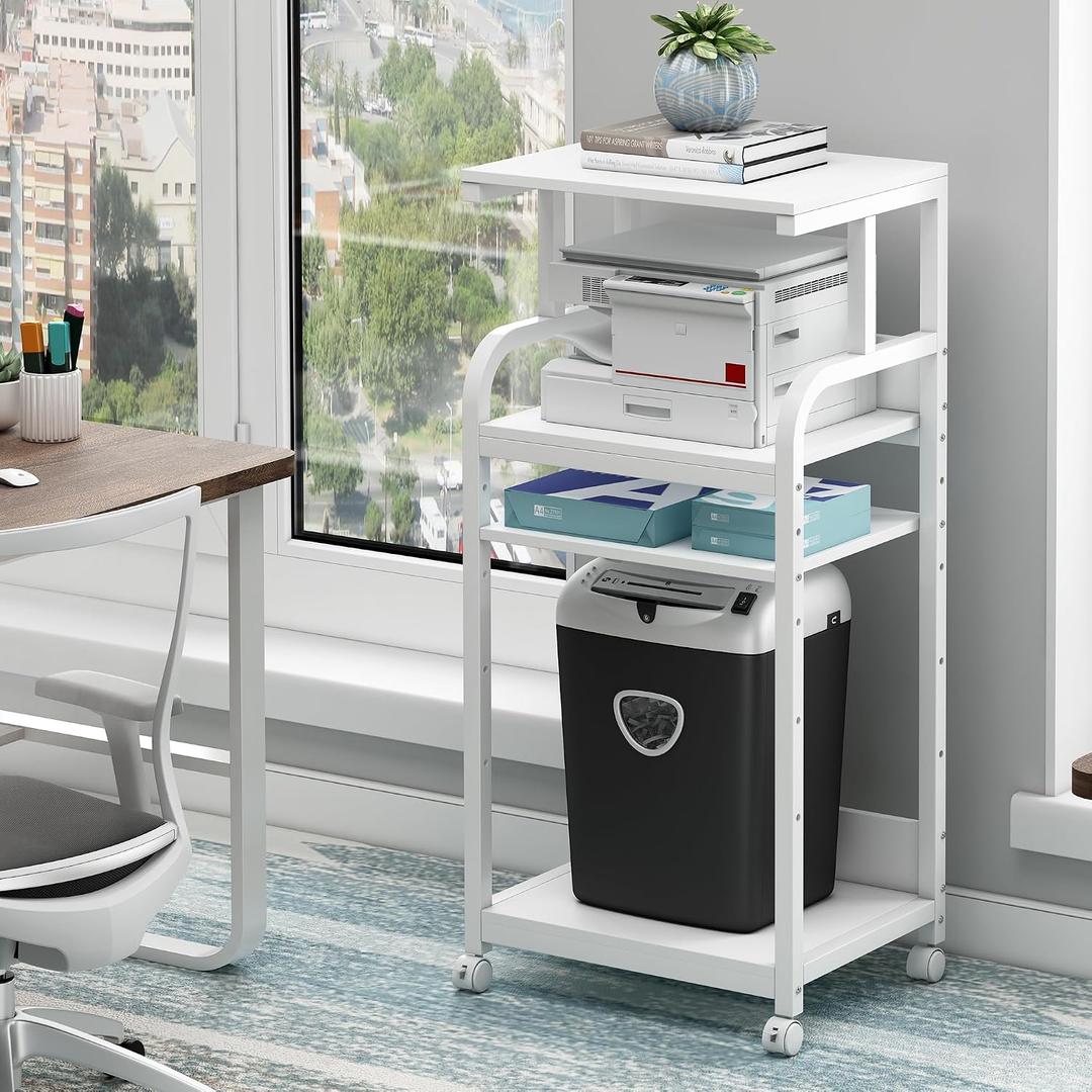 Fannova 4 Tier White Printer Stand Table with Adjustable Shelves, Movable Printer Shredder Stand with Wheels for Home Office Storage and Organization, Rolling Cart for Computer Tower CPU