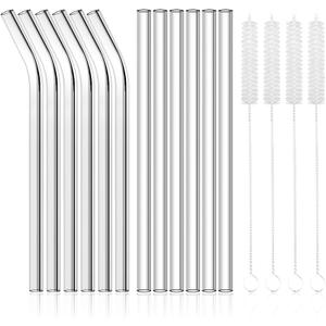 12 Pack Reusable Glass Straws - Clear Glass Drinking Straws, 8.5''x10MM, 6 Straight & 6 Bent, 4 Cleaning Brushes for Smoothies, Milkshakes, Tea, Juice, Hot & Frozen Drinks