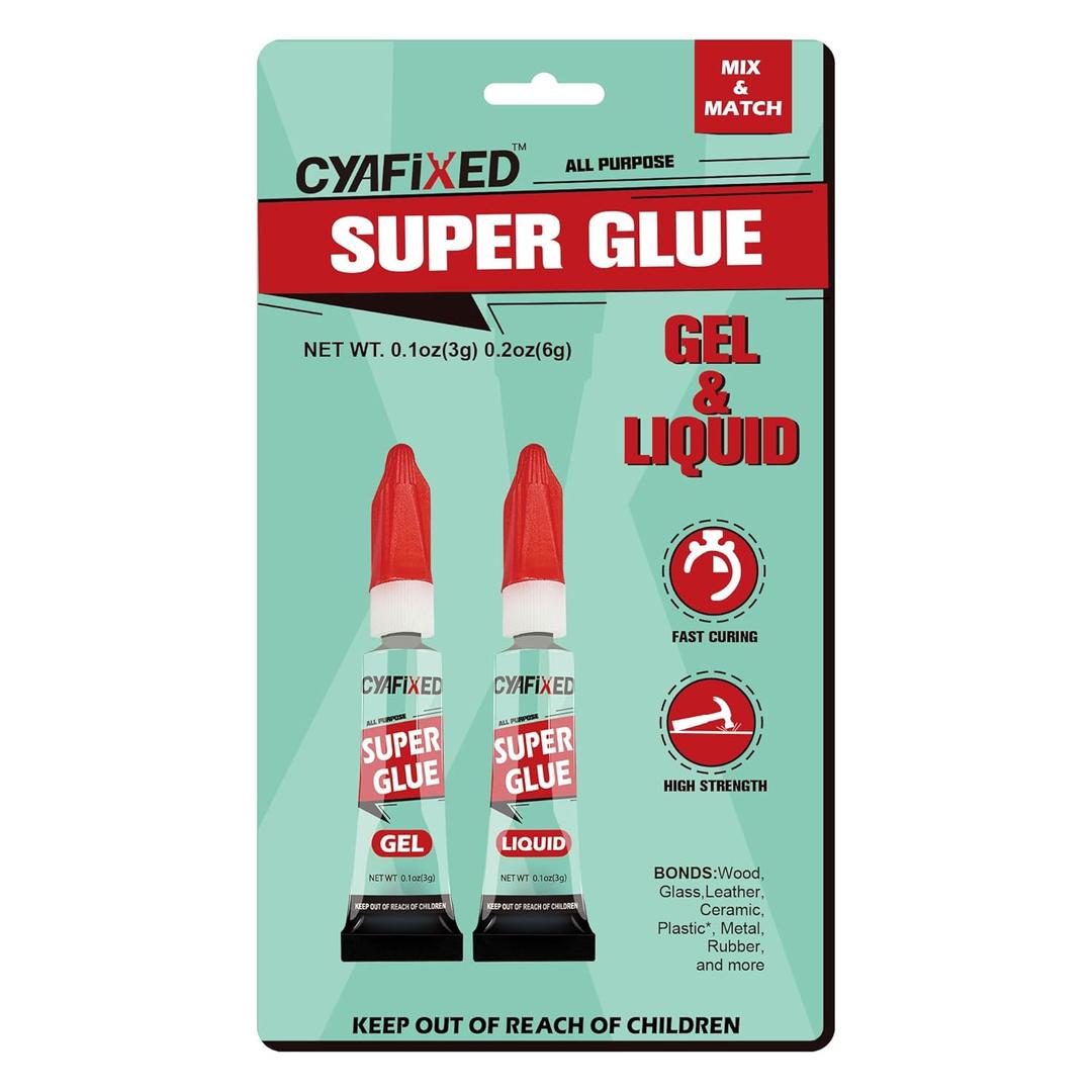 Super Glue Liquid&Gel, Instant Adhesive, Multipack Cyanoacrylate Strong Clear Glue for Shoe Sole Repair Ceramic Plastic Metal Wood Pottery Leather Aquarium Glass, Rubber, Strong Bonding (2 x 3g)