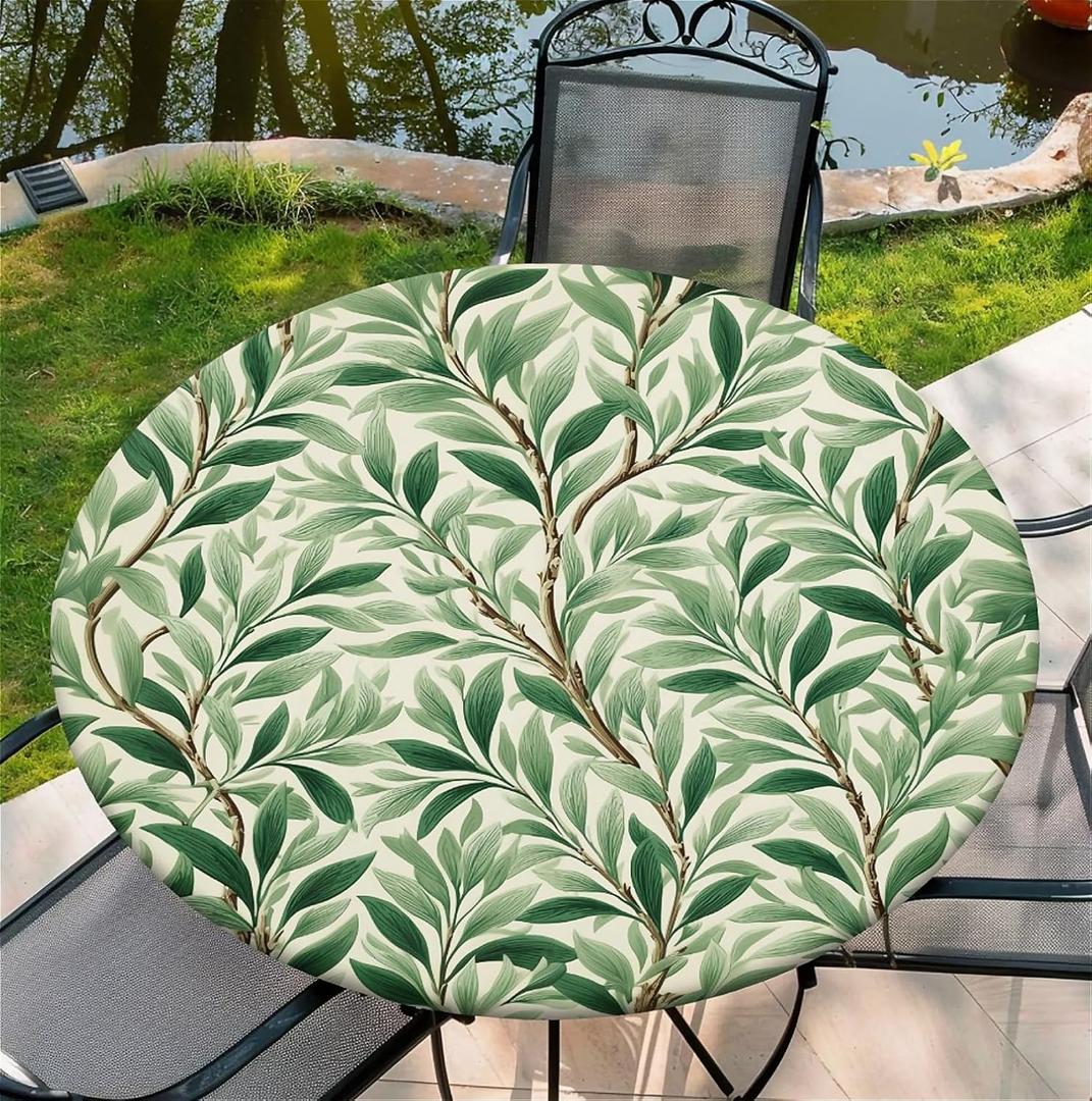 Round Fitted Tablecloth with Elastic Edge, Waterproof Stain Resistant Fabric Table Cover for 37"-44" Round Table, Indoor Outdoor Dining, Kitchen Decor, Camping, Holiday, Party, Olive Leaves