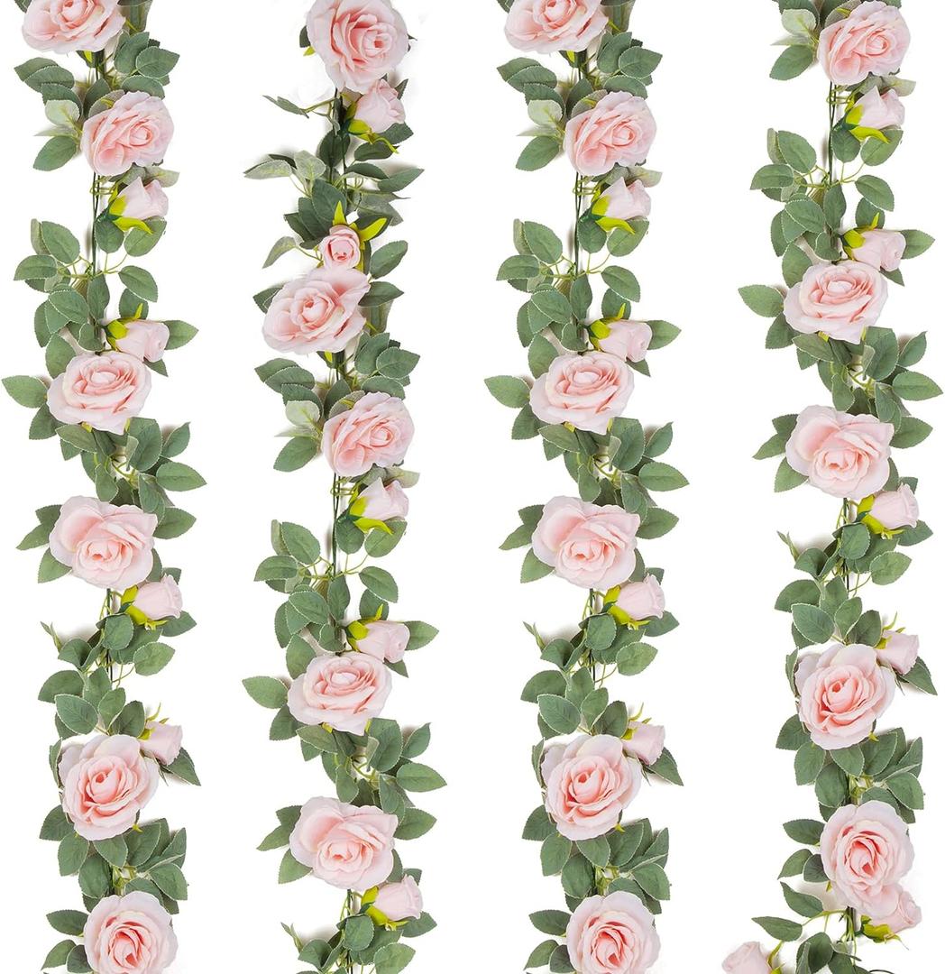 TELDRASSIL 4Pcs(26 FT) Artificial Rose Vine Fake Flower Garland Fake Silk Rose Hanging Vine for Wedding Party Background Arch Garden Background Decoration (Pink)