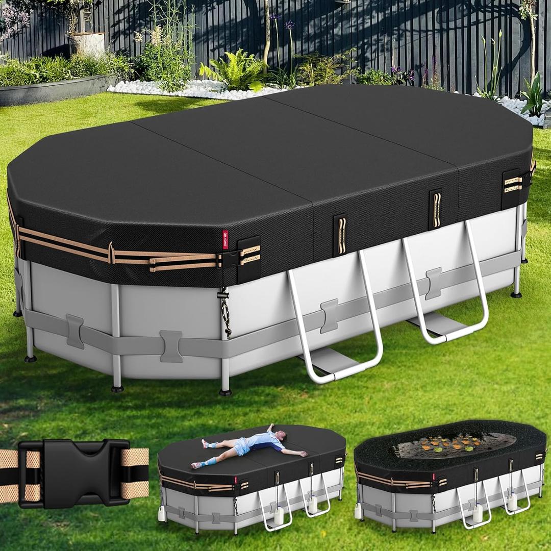 QH.HOME 7x10 Ft Oval Pool Cover for Bestway/Intex/Coleman Frame Oval Pool, [Excellent Windproof ] with Adjustable Buckle Straps & Drawstring Hem. [Durable, Tear Resistant]