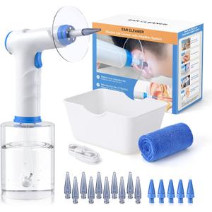 Ear Wax Removal, Electric Ear Cleaning Kit with Light, FSA HSA Eligible, Ear Irrigation Kit with 4 Pressure Modes, Safe and Effective Ear Flush Kit with Ear Cleaner - Includes Basin, Towel & 15 Tips (Blue)
