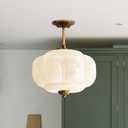 Milk Glass Ceiling Light Fixture - Antique Brass Semi Flush Mount Pendant Light for Kitchen, Hallway, and Bedroom 15 inch (White 15 inch)