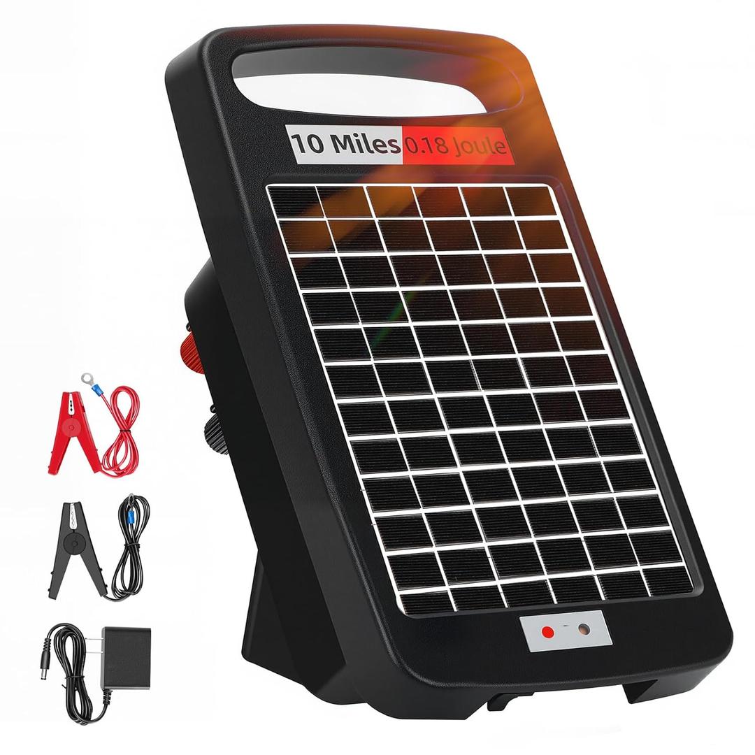 10 Miles Solar Powered Electric Fence Charger – 0.18J Output, 24/7 Day/Night Protection, Portable Fence Energizer for Dogs, Chickens, Garden, Livestock, Rechargeable Solar Panel, Rugged & Waterproof