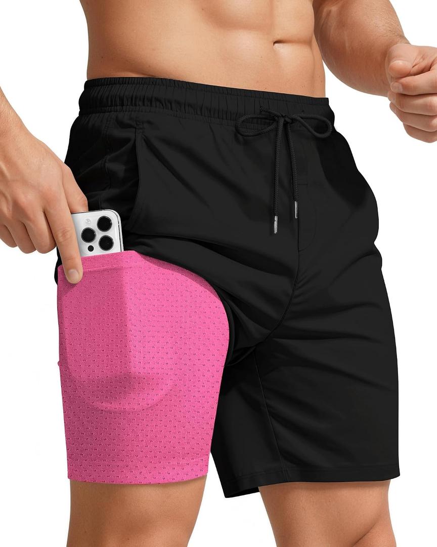 Men Swim Trunks with Compression 7 Inches Breathable Liner Quick Dry Zipper Pockets for Board Beach Gym Running (Black, L)
