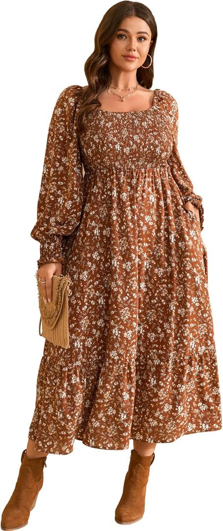 RWJ Women's Plus Size Fall Dress Long Sleeve Square Neck Floral Print Smocked A Line Boho Flowy Maxi Dresses with Pockets