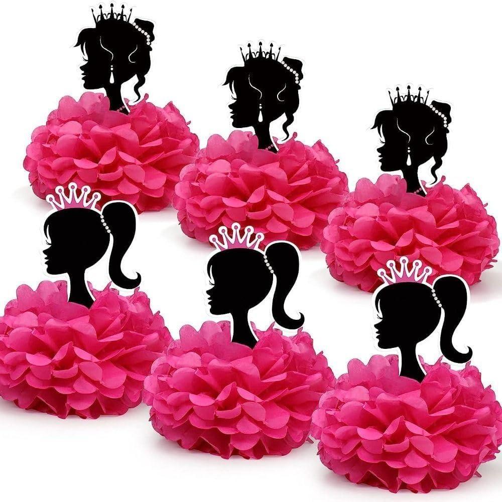 6 Pcs Pink Girl Party Decorations, Paper Flowers Birthday Party Decor, Pink Princess Honeycomb Centerpieces for Girl Theme Birthday Table Decorations