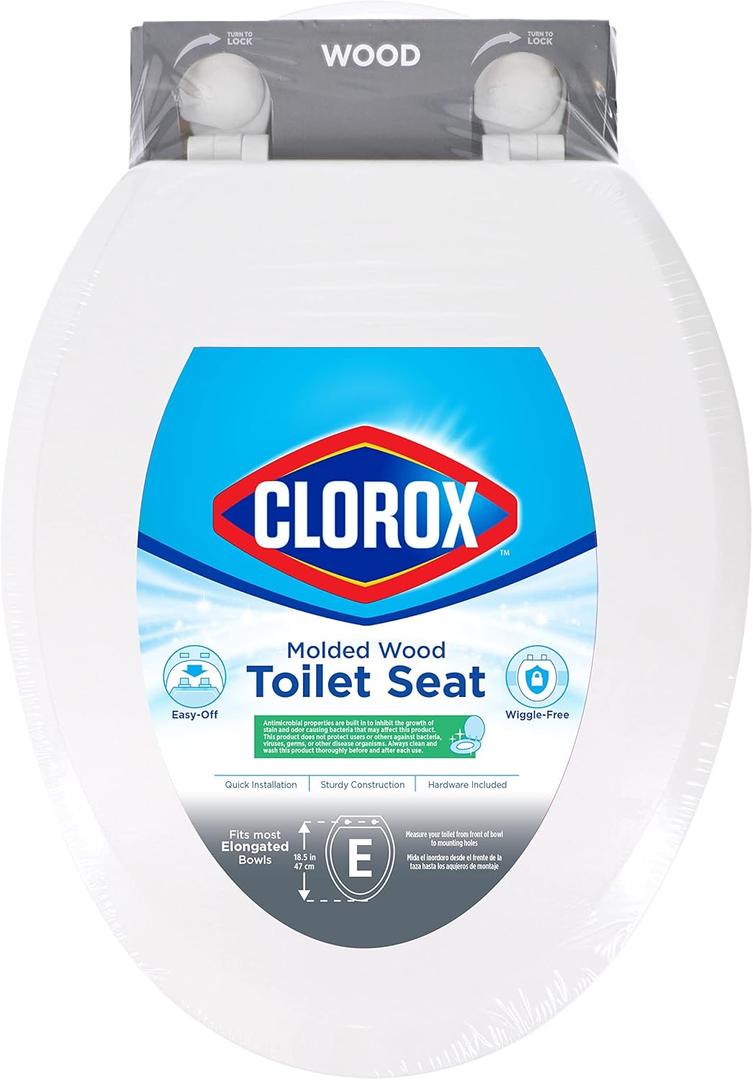 Clorox Elongated Wood Toilet Seat with Easy-Off Hinges-Wiggle Free Design