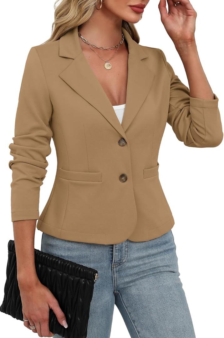 ELLEVEN Women's Casual Stretchy Knit Blazer,Lightweight Slim Fit Jackets Long Sleeve Business Suit with Pockets (Large, Deep Khaki)