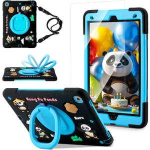 Case for iPad 9th/8th/7th Generation,Cute 3D Cool Panda Warrior Design Cover with Screen Protector, Rugged Protective Cartoon Case with Stand/Strap/Pen Slot for iPad 10.2 Kids Teens (Black+Blue)