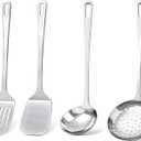 4 Pcs Cooking Utensils Set, Stainless Steel Kitchen Utensils, Heat Resistant Metal Kitchen Tools Include Solid & Slotted Turner Wok Spatula, Serving Spoon, Ergonomic Handle, Easy to Clean, Silver (B. 4 Pieces)