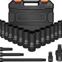 20 Pieces 1/2" Drive Metric Deep Impact Socket Set,10mm-24mm no skip, Includes Extension Bars, Universal Joint and Adapter, 6 Point Design, Meets ANSI Standards