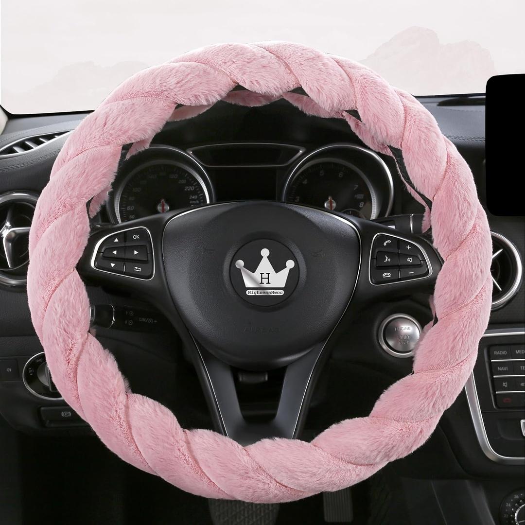 Luxury Fluffy Winter Car Steering Wheel Cover for Women Soft Warm Plush Cute Auto Accessories for Vehicle, Sedan, Universal, Fuzzy, Anti Slip, Pink, Standard Size, 14.75-15.15"