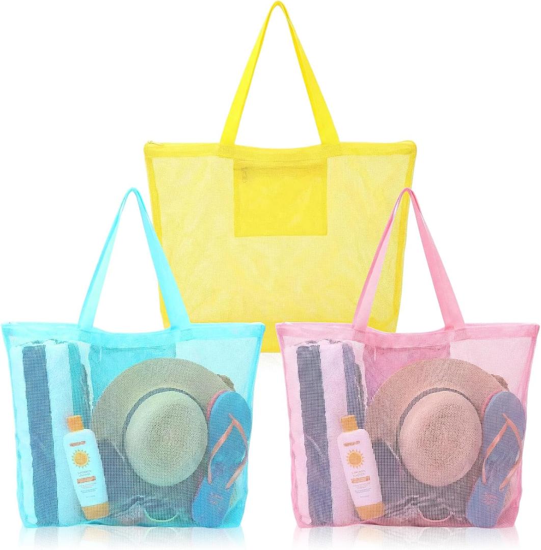 3 Pcs Mesh Beach Bags Portable Mesh Shower Beach Toy Bag With Drawstring Extra Large Tote Hanging Toiletry Bath Organizer for Camping Swimming Gym Travel