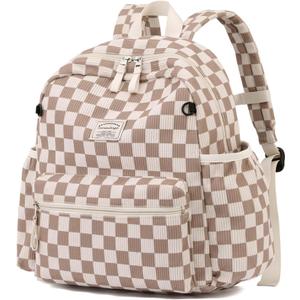 Corduroy Kids Backpack for Boys Girls Backpacks for Primary Elementary Kindergarten (Checkered Brown, Small (13.7" H Fit A4 Folder))