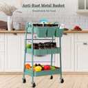 danpinera 3-Tier Rolling Cart, Utility Cart Mobile Metal Rolling Storage Cart with Lockable Wheels & Hanging Cups & Hooks for Kitchen, Bathroom, Office, Workshop, Green