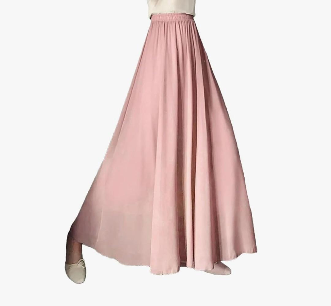 Women Chiffon Ankle-Length Skirt Double Layer Long Skirts Beach Dance Skirt, M, Pink