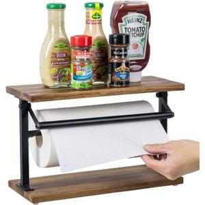 MyGift Premium Solid Acacia Wood Paper Towel Holder with Top Display Shelf and Matte Black Metal Frame, Freestanding Kitchen Countertop Disposable Roll Dispenser Storage Rack