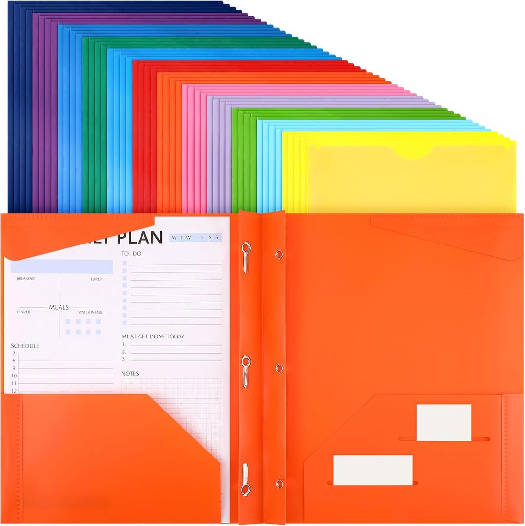 Tenceur 48 Pack Heavy Duty Plastic Folders with Clear Front Pockets and Card Slots, Fasteners for Letter-Size Papers, Stylish Colors