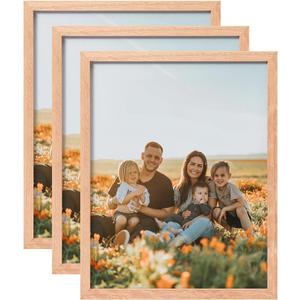 ATOBART 8x10 Set of 3 OAK Wood Picture Frame Solid Wooden Photo Frame Natural Wood Color Frames with Real Glass for Wall Mounting or Tabletop Living Room Bedroom Home Decor