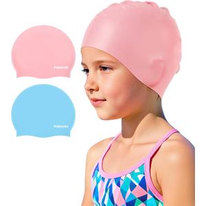 Swim Cap Kids (2 Pack), Durable Waterproof Swimming Cap for Girls Boys Teens Toddler Aged 3-15, Comfortable Fit Kids Swim Cap for Long Hair and Short Hair, Silicone Swim Caps for Kids Toddler (Light Pink & Light Blue)